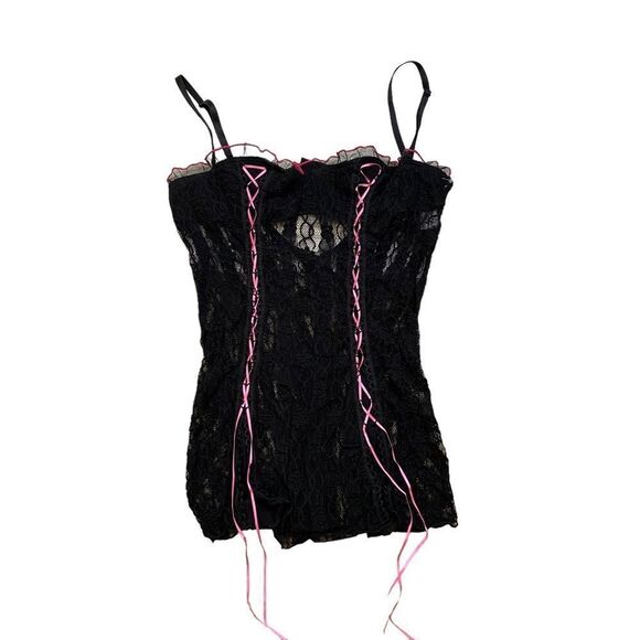 Lover’s Lane Black Lace and Pink Ribbon Lace Up Teddy Lingerie Size Large‎ - Picture 3 of 12